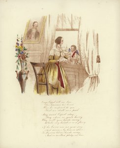 Britisk Valentine-kort med et billede af en kvinde ved et vindue med en kerub af English School