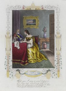 Britisk Valentine-kort med et billede af en kvinde, der skriver et brev ved et skrivebord af English School