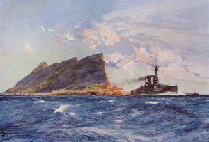 Britisk slagskib ud for Gibraltar (farve litho) af English School