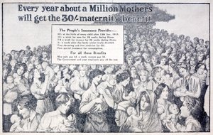 Britisk kort, der promoverer barselsdagpenge betalt af National Insurance, indført af den liberale finansminister David Lloyd George (litho) af English School