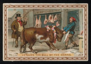 Slagter trækker en tyr ind i sin butik, julehilsen. (chromolitho) af English School