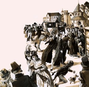 Byron vakte en del opsigt med sin kæledyrsbjørn i Cambridges gader (gouache på papir) af English School