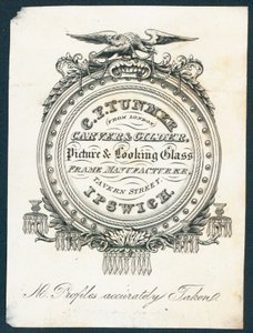C F Tunmer, udskærer og forgylder, billed- og glasrammefabrikant, fagkort af English School