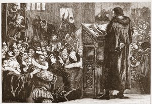 Calvin truet i kirken Rive, illustration fra The History of Protestantism af James Aitken Wylie (1808-1890), pub. 1878 af English School