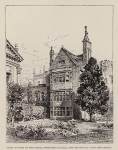 Cambridge: Oriel Window of the Lodge, Pembroke College, nu ødelagt, fra haven (ætsning) af English School