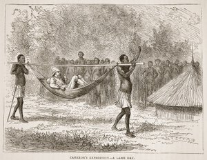 Camerons ekspedition - en halt dag, illustration fra The Pictorial Edition of the Life and Discoveries of David Livingstone af J. Ewing Richie, pub. af A. Fullarton & Co., 1876 af English School