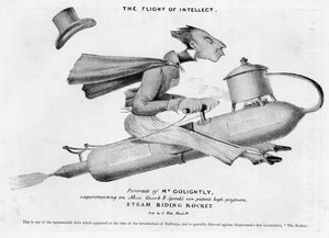 Karikatur, der latterliggør indførelsen af jernbaner, især Stephensons Rocket af English School