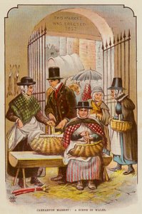 Carnarvon Market, en scene i Wales (farve litho) af English School