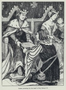 Caxton præsenterer sin første bog til kong Edward IV (litho) af English School