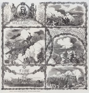 Fejring af hertugen af Wellingtons sejre ved belejringen af Seringapatam (1799), nederlaget ved Dhondia Wagh (1800), slaget ved Assaye (1803) og slaget ved Waterloo (1815) (kobberstik) af English School