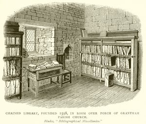 Chained Library, grundlagt 1598, i Room over Porch of Grantham Parish Church af English School