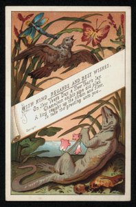 Kamæleon med vers og en fugl, nytårs lykønskningskort. (chromolitho) af English School
