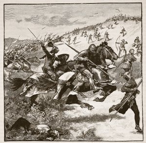 Anklagen for skotterne ved Homildon Hill, illustration fra Cassells Illustrated History of England (sepiafoto) af English School