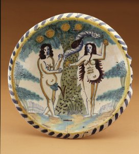 Oplader med den bibelske historie om Adam og Eva i Edens Have, ca. 1680 (tin-glaseret lertøj) af English School