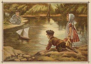 Børn lancerer en modelyacht (farve litho) af English School