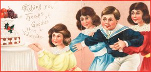 Børn ser på julemad, julekort af English School