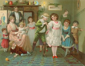 Børn leger blind mans buff ved juletid af English School
