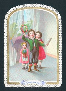 Børn med krans og blomster, nytårskort af English School