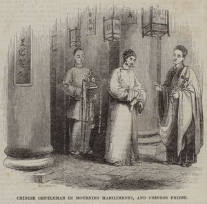 Chinesischer Herr in Trauerkleidung und chinesischer Priester von English School