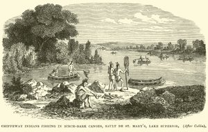 Chippeway-indianere, der fisker i birkebark-kanoer, Sault de St Marys, Lake Superior af English School