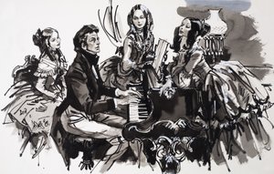 Chopin med kvindelige beundrere (gouache på papir) af English School