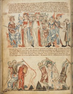 Kristus før Herodes og før Pilatus; Herodes vasker sine hænder; Kristi flagellering, Tilføj. 47682, f.30v, c.1320-30 (vellum) af English School