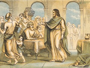 Kristus renser templet (farvet indgravering) af English School