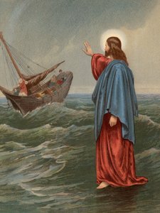 Kristus går på havet, Johannes, VI, 20 (farve litho) af English School