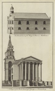 Church of St Marylebone i Middlesex og Church of St George i Bloomsbury, London af English School