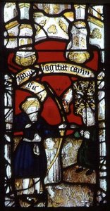 Kirkevindue forestillende Kain skudt af Lamech af English School