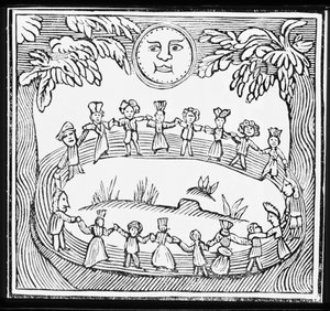 Circle of Witches Dancing Beneath a Full Moon, illustration fra en samling kapbøger om esoterica af English School
