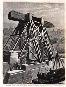 Cleopatras Needle: Maskineriet til at placere obelisken på Themsen Embankment, 1878 af English School