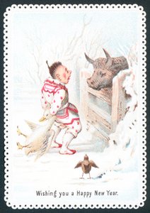 Clown starrt auf Stier, Neujahrskarte