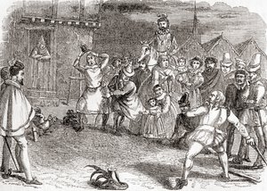 Hanekast, også kaldet cock-shying eller kaste efter haner, fra det gamle England: A Pictorial Museum, pub. 1847 af English School