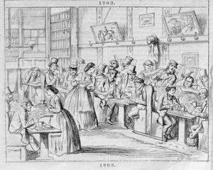 Coffee Room i 1863, fra London Coffee-Houses Past and Present (farvegravering) af English School