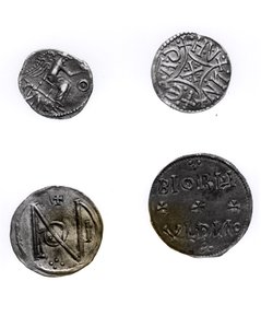 Mønter af Cunobelinus eller Cymbeline (d.43 AD), Offa, konge af Mercia (757-96 AD) og Alfred (871-99 AD) og Edward den Ældre (871-924 AD) (sølv)