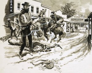 Cole Younger, et medlem af Jesse James-banden, i en skud-out af English School