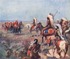Oberst Macleod fra Royal North-West Mounted Police i samtale med indianere i Fort Macleod (farvelitografi) af English School