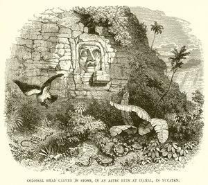 Kolossalt hoved hugget i sten i en aztekisk ruin ved Izamal i Yucatan af English School