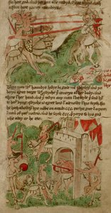 Farvede tegninger, der viser de hundehovedede mennesker ("Cynocephalus") på Nacumera Island, fra 