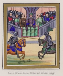 Kamp mellem Nicholas Clifford og en fransk ridder (farvet indgravering) af English School