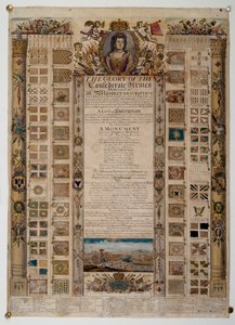 Mindekort, der viser standarder fanget fra franskmændene efter slaget ved Blenheim, ca. 1704 (farvet streggravering) af English School