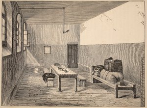 Condemned Cell, Newgate, illustration fra The Criminal Prisons of London og Scenes from Prison Life af Henry Mayhew og John Binny, pub. 1862 af English School