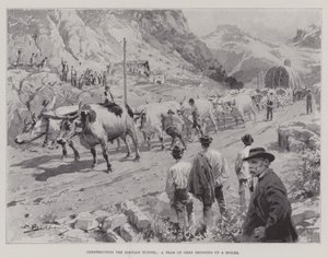 Konstruktion af Simplon-tunnelen, et hold okser, der bringer en kedel op (litho) af English School