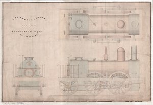 Construction drawing, 0-4-2 locomotive and tender by R. and W. Hawthorn and Co. for the Stanhope and Tyne Railway Codani af English School