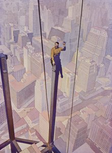 Bygningsarbejder på stålrammen af en skyskraber højt over gaderne i New York City, New York, USA (farve litho) af English School
