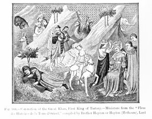 Kroning af den Store Khan (Kublai Khan) (1214-94) Tartarens første konge, fra Fleur des Histoires de la Terre dOrient, udarbejdet af Hayton (d.1271), illustration fra Science and Literature i t. af English School