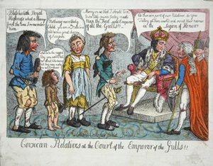 Korsikanske ejendomsmæglere ved hoffet til kejseren af mågerne!!, pub 1804 (håndfarvet gravering) af English School