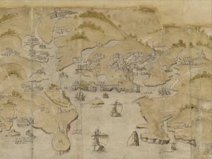 Bomuld Augustus I. i. 38 Kort over kysten mellem Fowey og Salcombe, inklusive Plymouth. Del af et panoramakort over kysten fra Lands End til Exmouth, ca. 1539 (blæk og farve på vellum) af English School