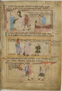 Cotton Claudius B IV fol.10 Lamech og hans to hustruer og hans søn, Tubalcain, smeden, på arbejde (vellum) af English School